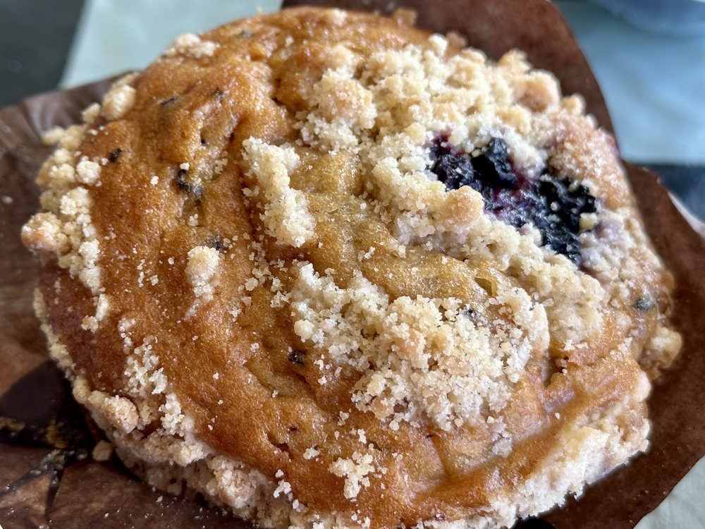 Close-up of a blueberry crumb muffin